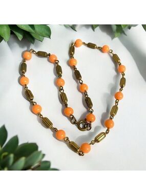 Vintage 50s Orange Plastic Bead Choker Gold Tone Necklace